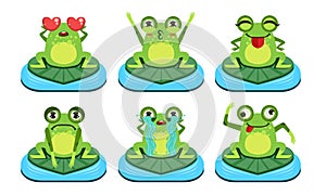 Green Funny Frog Characters Set, Cute Amphibian in Different Activities Vector Illustration