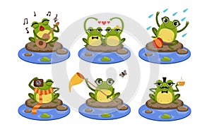 Green Funny Frog Characters Set, Cute Humanized Amphibian Animal in Different Situations Vector Illustration