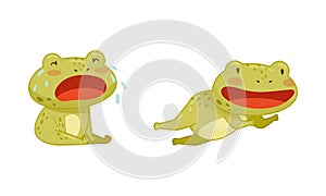 Green funny frog characters set. Cute toad amphibian animal crying and jumping cartoon vector illustration