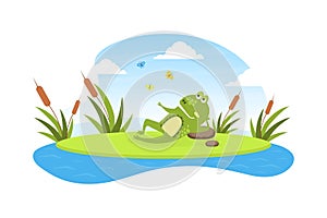 Green Funny Frog Lying on Leaf in Pond, Cute Amphibian Creature Character Posing on Lily Pad Cartoon Vector Illustration