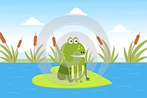 Green Funny Frog Sitting on Leaf in Pond, Cute Amphibian Creature on Lily Pad Cartoon Vector Illustration