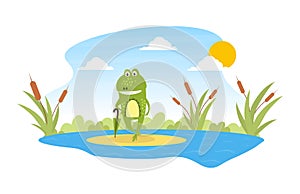 Green Funny Frog Standing with Umbrella on Leaf in Pond, Cute Amphibian Creature Character Posing on Lily Pad Cartoon