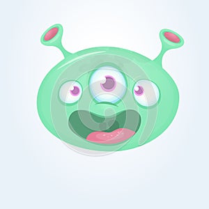 Green funny happy cartoon alien. Green vector alien character with three eyes