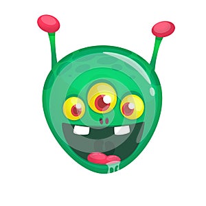 Green funny happy cartoon alien. Green vector alien character with three eyes