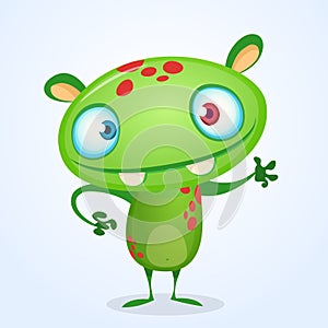 Green funny happy cartoon monster. Green vector alien character. Halloween design.