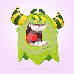 Green funny happy cartoon monster. Green vector alien character. Halloween design.