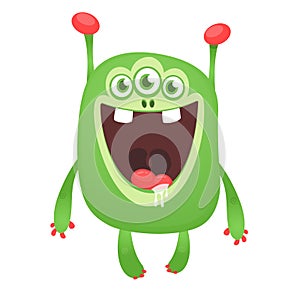 Green funny happy cartoon monster. Green vector alien character. Halloween design.