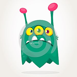 Green funny happy cartoon monster. Green vector alien character with three eyes. Halloween design.