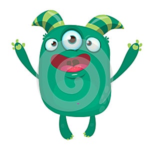 Green funny happy cartoon monster. Green vector alien character with three eyes. Halloween design.