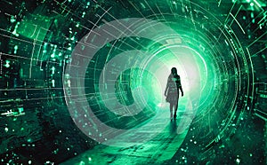 green futurist tunneling through space