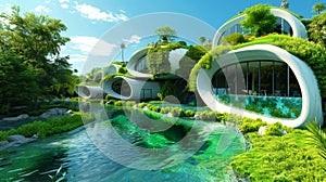 Green futuristic city of future. Eco living, hanging gardens. Urbanism architecture landscape. Generative AI