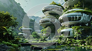 Green futuristic city of future. Eco living, hanging gardens. Urbanism architecture landscape. Generative AI