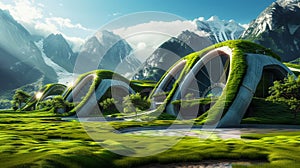 Green futuristic city of future. Eco living, hanging gardens. Urbanism architecture landscape. Generative AI