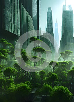 Green futuristic city landscape. Skyscapers and forest.
