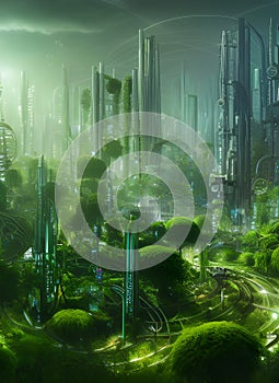 Green futuristic city landscape. Skyscapers and lights.