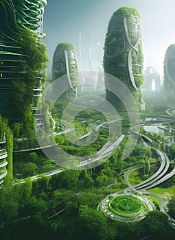 Green futuristic city landscape. Skyscapers, trees and streets.