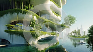 Green futuristic modern building, forest apartment gardens on balconies. Modern sustainable architecture