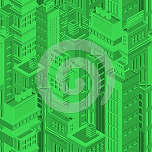 Green futuristic seamless pattern with isometric urban buildings and skyscrapers of modern megalopolis. Background with