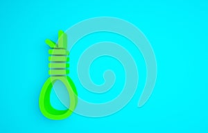 Green Gallows rope loop hanging icon isolated on blue background. Rope tied into noose. Suicide, hanging or lynching