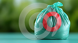 A green garbage bag with a red recycling symbol stands against a blurred green background, AI photo