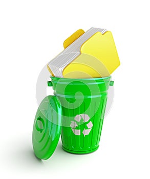 Green garbage bin with documents
