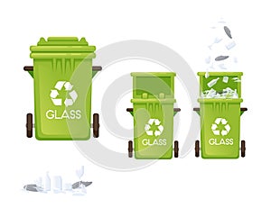 Green garbage bin trash can for glass types of waste vector illustration isolated on white background