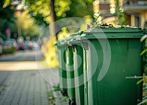 Green garbage bins in row on the street