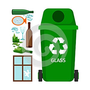 Green garbage can with glass