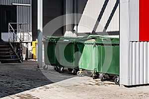 Green garbage containers on backyard of store.