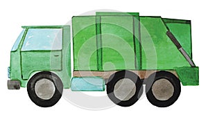 Green garbage truck, illustration.