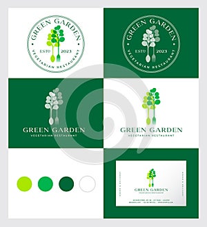 Green Garden vegetarian restaurant logo. Cutlery with handles that look like salad leaves. Circle stamp. Identity. Business card.