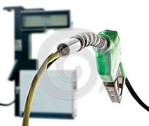 Green gas nozzle pouring fuel