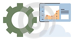 Gear Mechanism, Analytics Chart, and Cloud Representing Technology, Data Processing, and Cloud Computing