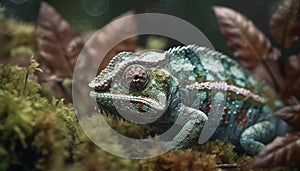 Green gecko on branch, horned lizard in tropical forest generated by AI