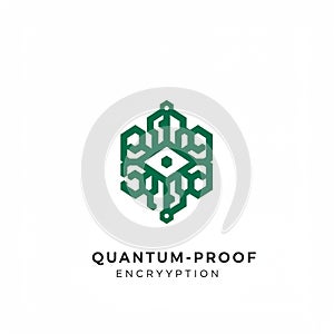 Green geometric emblem representing encryption, featuring symmetrical, circuit-like