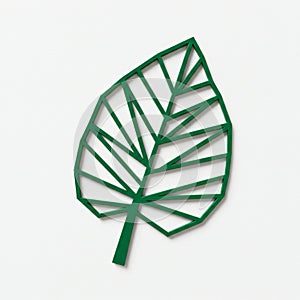 Green geometric leaf design on a white background. The leaf features an abstract,