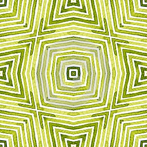 Green Geometric Watercolor. Decent Seamless Pattern. Hand Drawn Stripes. Brush Texture. Unusual Chev