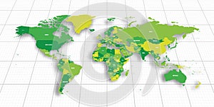 Green geopolitical map of World. Bottom perspective view with background grid. Vector illustration