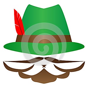 Green German Alpine Octoberfest hat with red feathers. Hunter hat with feather. Traditional Bavarian hunting hat with feather and