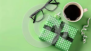 A green gift box with a bow on top sits on a green background