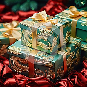 Green gift box with a dragon image.