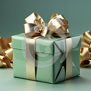 Green gift box with golden bow and ribbons. 3d rendering