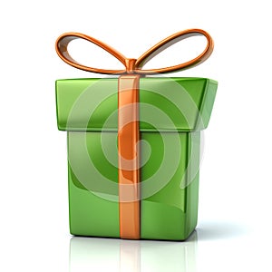 Green gift box with golden ribbon and bow 3d illustration