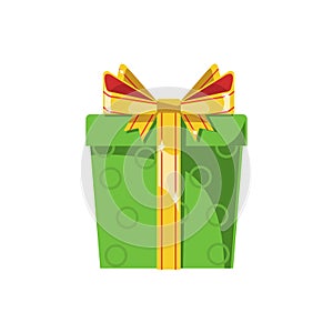 Green gift box with golden ribbon and bow. Flat icon isolated on white background. Chistmas, birthday, surprise concept