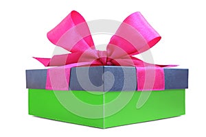 Green gift box with pink satin ribbon bow