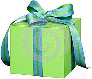 Green Gift Box Present With Blue & Green Ribbon