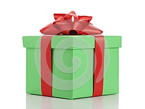 Green gift box with red ribbon bow isolated on white