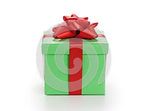 Green gift box with red ribbon bow isolated on white
