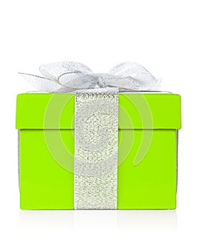 Green gift box with silver ribbon and bow