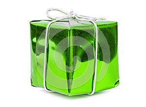 Green gift box with silver ribbon